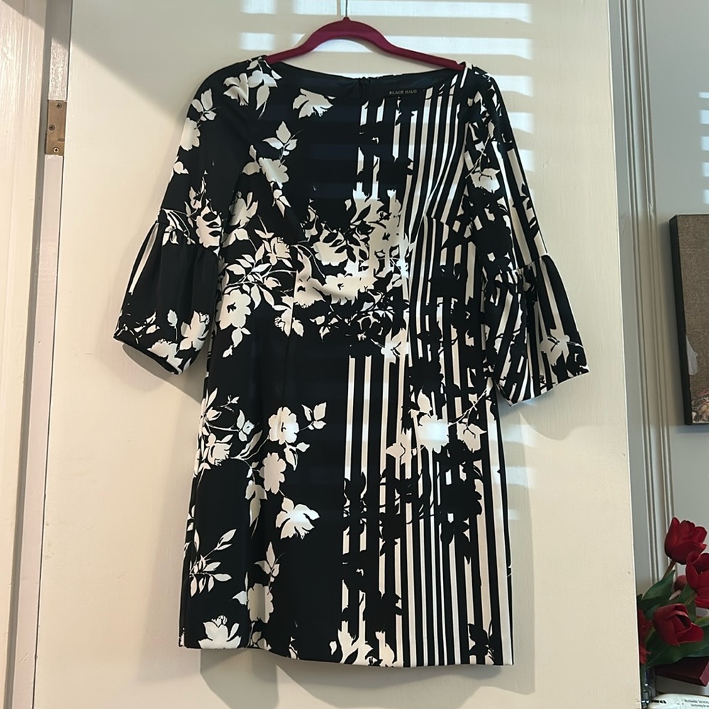 Black Halo Dress Black White Stripe Floral Print Size 6